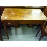 George III mahogany rectangular fold-over tea table, the figured top above a line inlaid frieze on