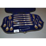 Cased set of six silver handled tea knives, six matching silver teaspoons, preserve spoon, butter