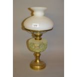 Brass oil lamp with opaque white glass shade and Vaseline glass well No hairline cracks visible,