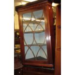 George III mahogany and inlaid hanging corner cabinet, the moulded dentil cornice above bar glazed