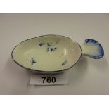 18th Century English porcelain pap boat painted with blue floral sprigs with a shell form handle (