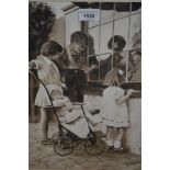 R. Fletcher, monochrome watercolour, children looking into a shop window, signed, 13.5ins x 12ins,