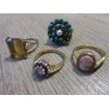 18ct Gold dress ring set cameo portrait together with three various 9ct gold dress rings