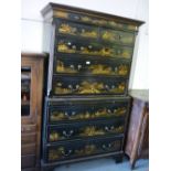 George III mahogany tallboy decorated with black chinoiserie lacquer, possibly of a later date,