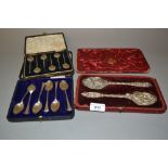 Boxed pair of 19th Century London silver spoons cast with scenes from Hamlet and Titania, together
