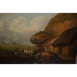 Unframed 19th Century oil on canvas, landscape with drover and cattle by a cottage and dog to