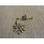 9ct Gold split seed pearl and turquoise set pendant and a bar brooch of floral design set seed