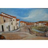 J. Marlow, 20th Century Continental oil on board, study of a town with distant hills, signed,
