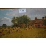 Henry John Yeend King, oil on canvas board, hay stooks before cottages in a landscape, signed