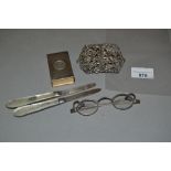 Two silver and mother of pearl handled folding fruit knives, pair of antique silver spectacles,