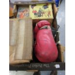 Box containing a quantity of various children's toys including a boxed children's typewriter, tin