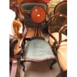 Edwardian carved mahogany and marquetry inlaid open armchair
