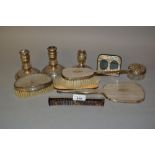 Silver mounted five piece dressing table set, small modern silver mounted photograph frame, pair