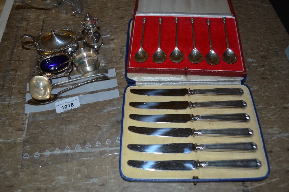 Silver three piece condiment set, cased set of six silver seal top spoons, silver napkin ring, two