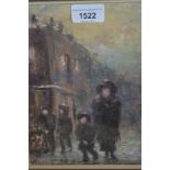 20th Century pastel of figures in a street, entitled ' Winter's Evening ', bearing monogram, 9ins