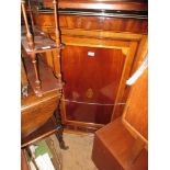 19th Century oak and mahogany wall mounting corner cabinet having flush panel door with inlaid