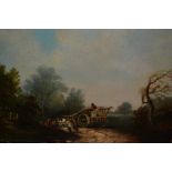 19th Century oil on millboard, landscape with figures and horsedrawn cart on a country road, 8ins