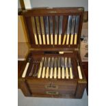 Oak cased part canteen of silver plated Old English pattern cutlery