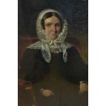 19th Century English school, oil on panel, portrait of a seated lady wearing a lace headdress