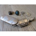 Pair of French silver folding lorgnettes, pair of 1896 Maundy money cufflinks and two silver rings