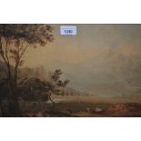 18th / 19th Century watercolour, extensive landscape with figures and cattle to foreground, 12ins