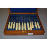 Oak cased part set of six Victorian silver and ivory dessert knives and forks