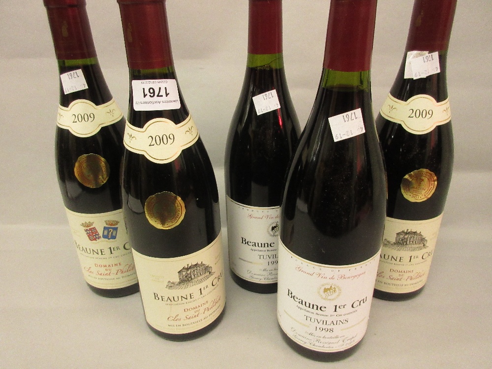 Five bottles, Beaune First Cru Domaine de Clos Saint-Philibert 2009 and Tuvilains 1998 All into neck