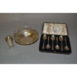Cased set of six silver coffee spoons, Continental Sterling silver small basket and a silver pepper