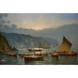 M. Galanti, 20th Century oil on canvas, fishermen in boats in the Bay of Naples, signed, gilt