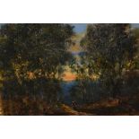 19th Century Barbizon School oil, figure in a wooded landscape at sunset, 8ins x 10ins