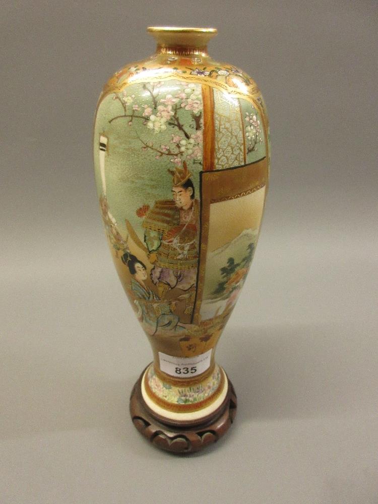 Good quality Satsuma baluster form vase painted with geishas and landscapes, three character mark to