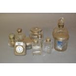 Small silver mounted dressing table clock together with various silver mounted and other dressing
