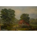 Oil on canvas, rural scene with figures before a cottage, gilt framed together with a watercolour,