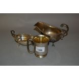 Birmingham silver Christening mug and two silver sauce boats