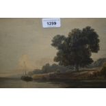 Circle of John Varley, watercolour, river scene with figures and a barge, unsigned,, 7.75ins x 10.