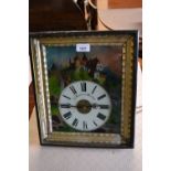 19th Century German wall clock, the rectangular dial with reverse printed landscape, the dial