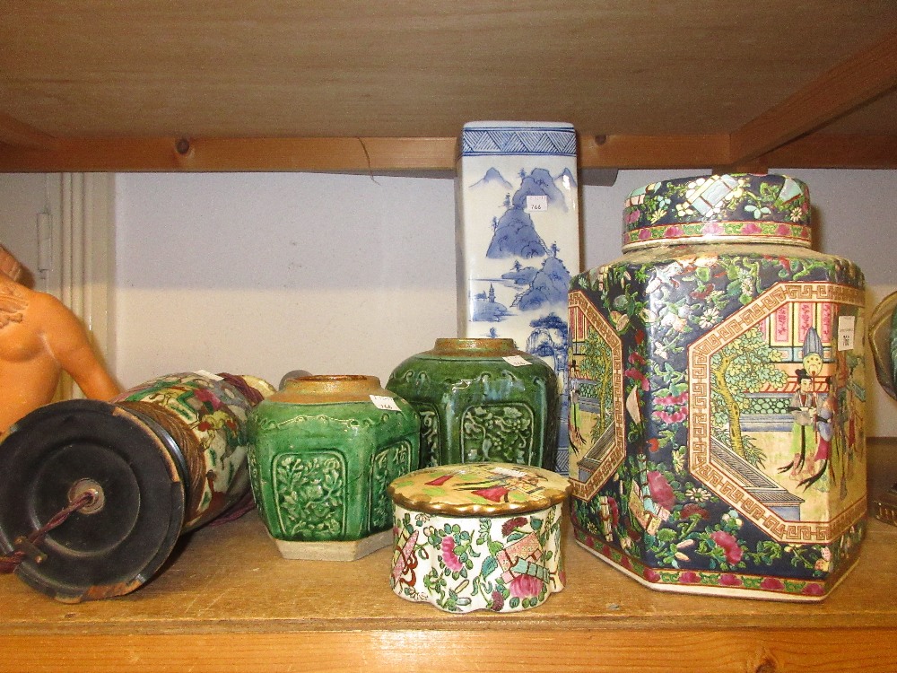 Two reproduction Chinese hexagonal ginger jars with covers, a pot and cover, together with a
