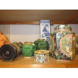 Two reproduction Chinese hexagonal ginger jars with covers, a pot and cover, together with a