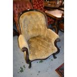Good quality Victorian carved mahogany and button upholstered tub shaped drawing room chair on