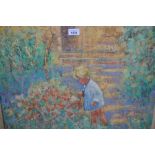 Paul Beauvais, 20th Century oil on canvas board, study of a young girl in a garden with flowers,