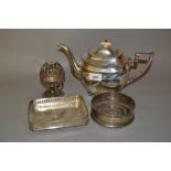 Small quantity of various silver plated copper items including a teapot, tray, coaster etc.