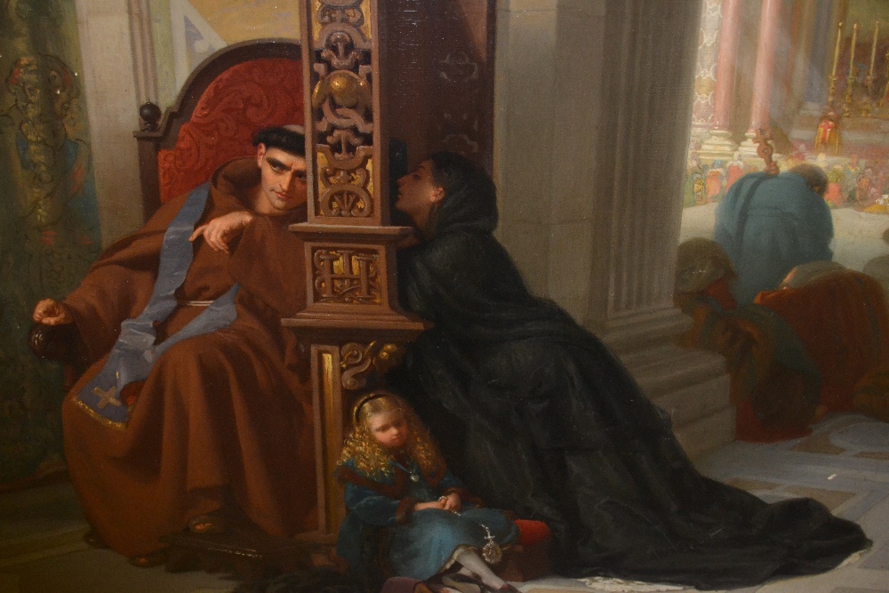 Rudolph W.A. Lehmann, oil on canvas, ' The Confession ', signed and dated 1872, 18.5ins x 24ins,