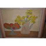 Elizabeth R. Juda, oil on canvas, still life with flowers and fruit, signed and inscribed verso,