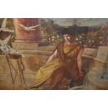 After Lawrence Alma-Tadema, oil on canvas, a classical maiden on a stone balcony with doves