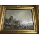 Dutch oil on mahogany panel, frozen river market scene with figures and livestock before a small