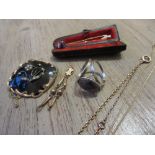 Silver stick pin set small oval blue john panel, another stick pin, 9ct gold neck chain, two other