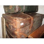Large heavy 19th Century leather suitcase with brass plaque and lock (at fault)