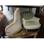 Victorian button upholstered tub shaped chair on turned front supports, together with another