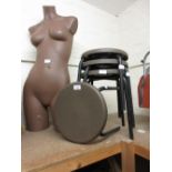Set of four Pel Designer Group stacking stools and a female half mannequin