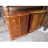 Pair of reproduction yew wood two door bow fronted bedside cabinets together with a reproduction yew